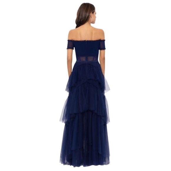 Betsy & Adam Navy Blue Off-Shoulder Formal See Through Corset Prom Dress - Picture 3 of 16
